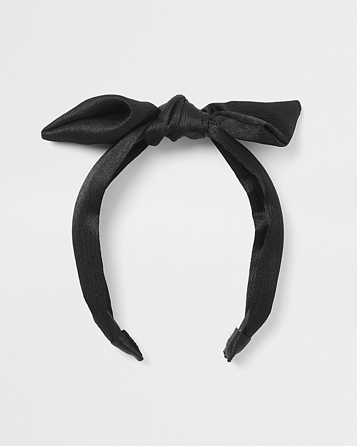 Girls black satin bow headband