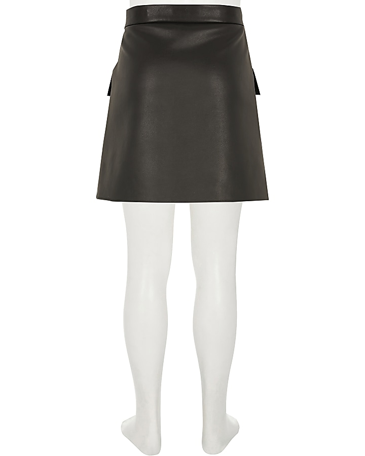 Girls black faux leather zip pocket skirt