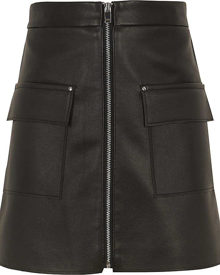 Girls black faux leather zip pocket skirt