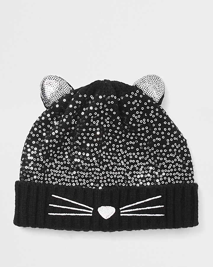 Mini girls black cat sequin beanie hat