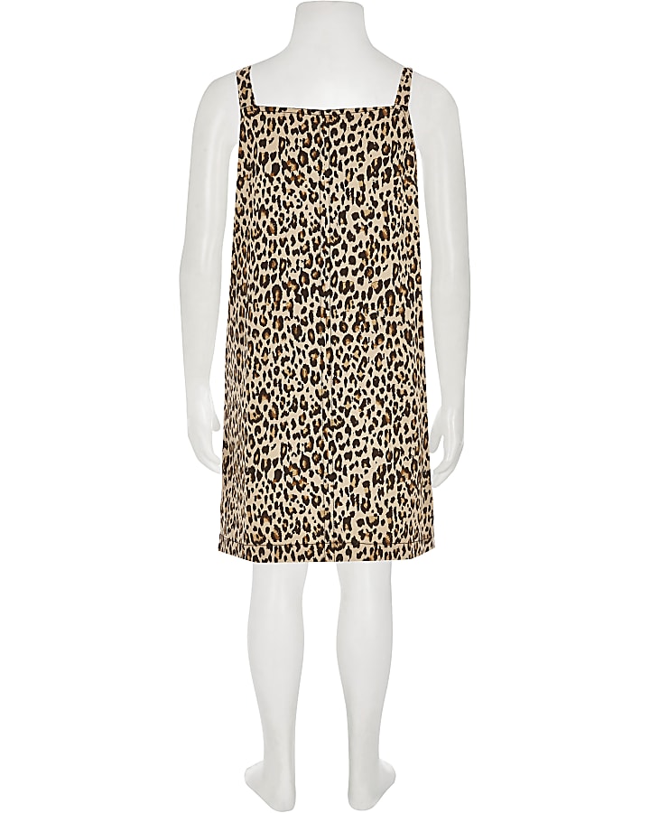 Girls beige leopard print pinafore dress