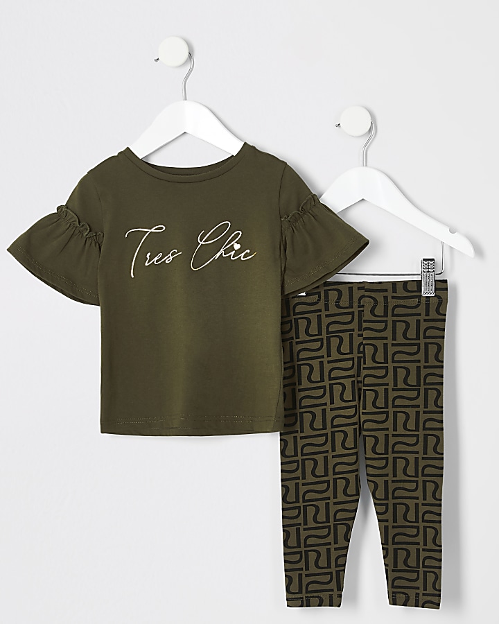 Mini girls khaki frill t-shirt + legging set