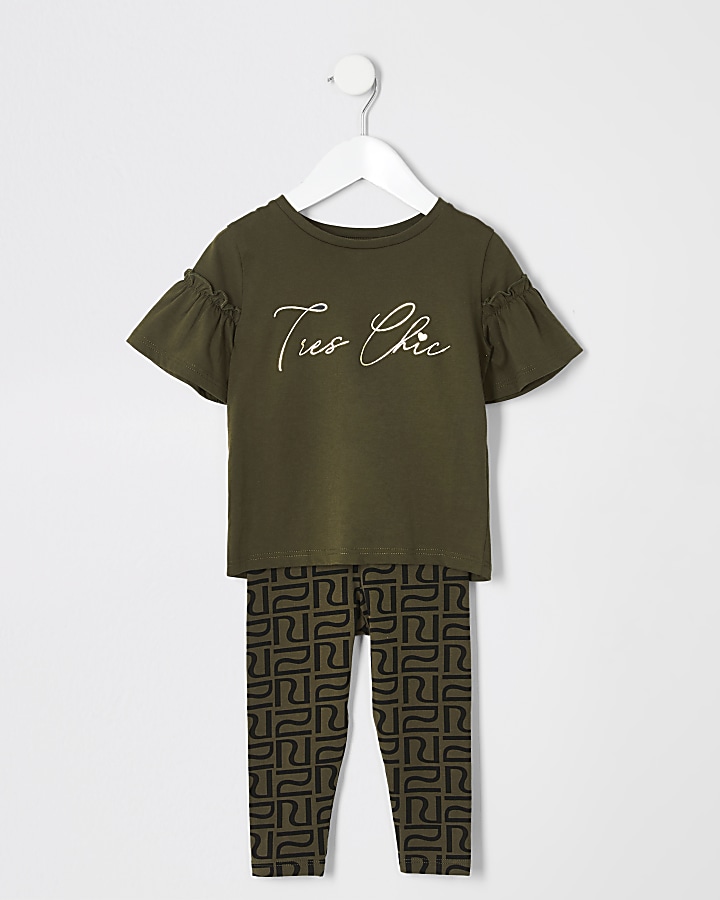 Mini girls khaki frill t-shirt + legging set