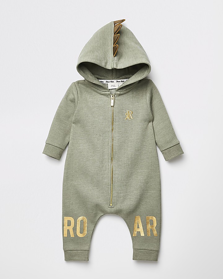Baby khaki 'Roar' hooded baby grow