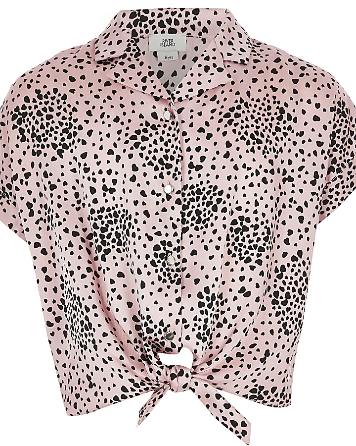Girls pink animal print tie front shirt
