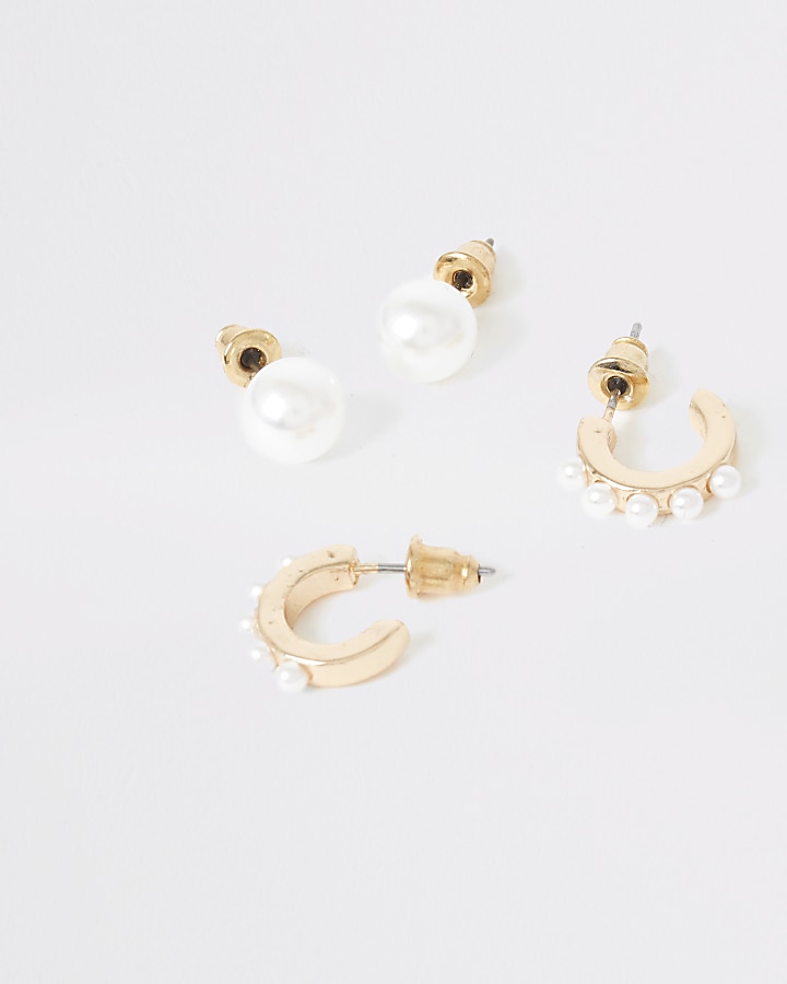 Girls gold tone pearl earrings multipack