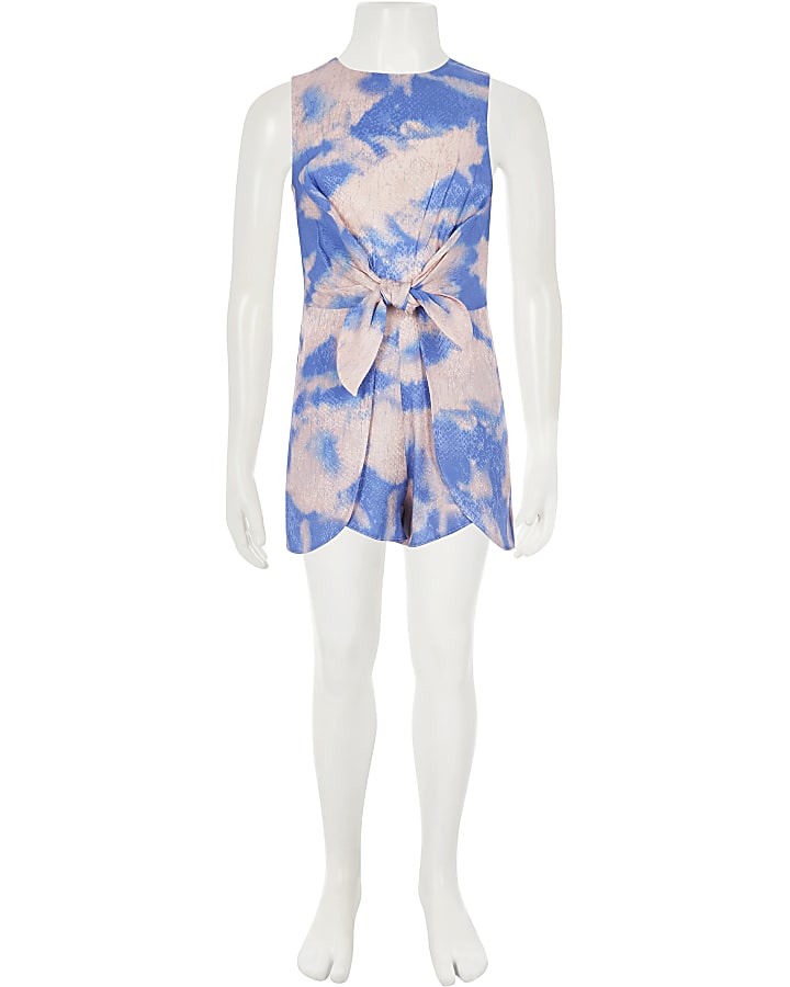 Girls blue tie dye knot front playsuit