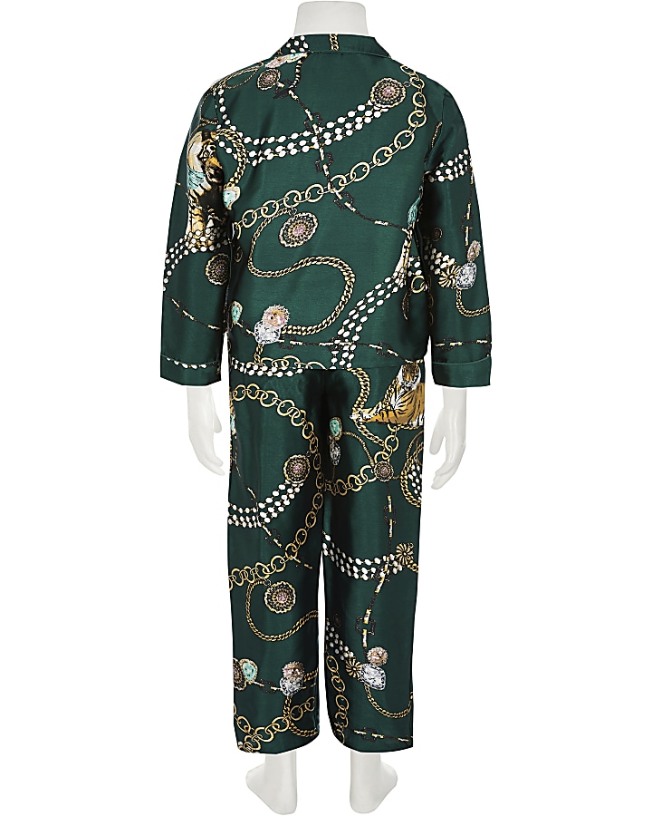 Girls green satin printed family pyjama set