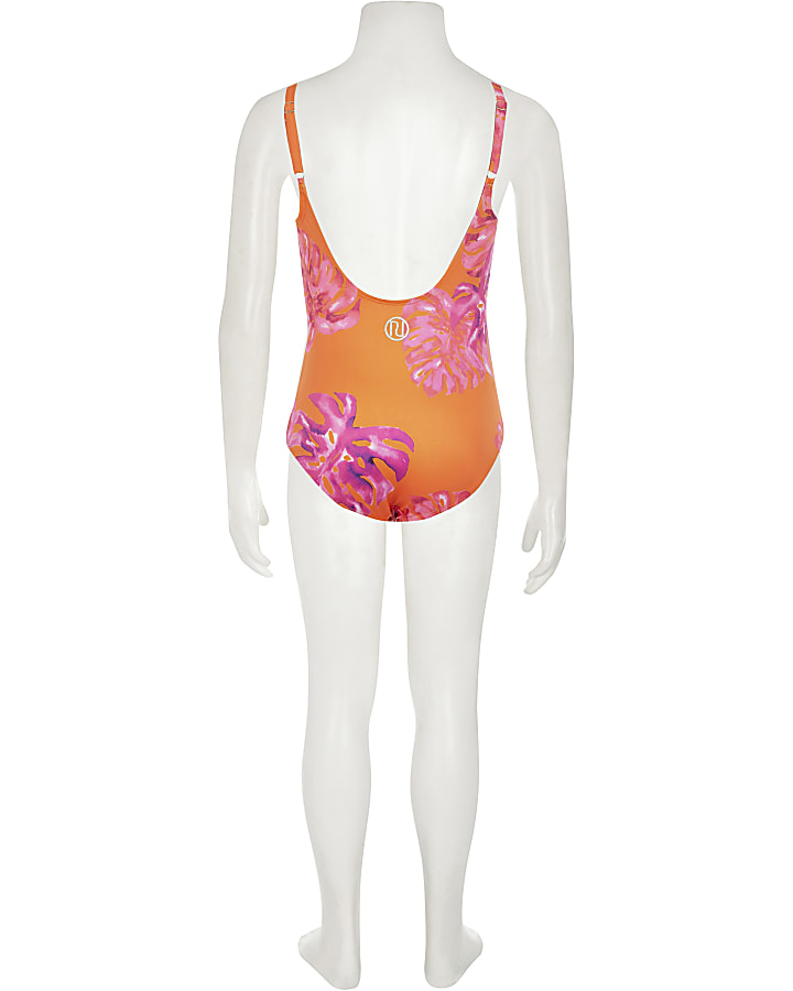 Girls orange floral sash swimsuit