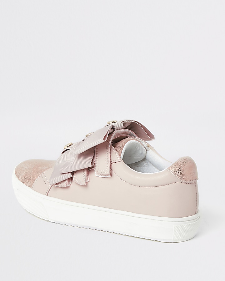 Girls pink metallic bow strap trainers