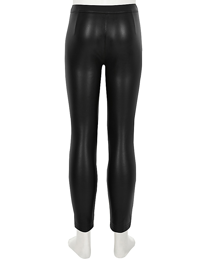 Girls black faux leather trousers