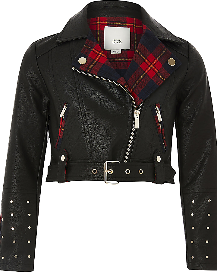 Girls black faux leather tartan biker jacket