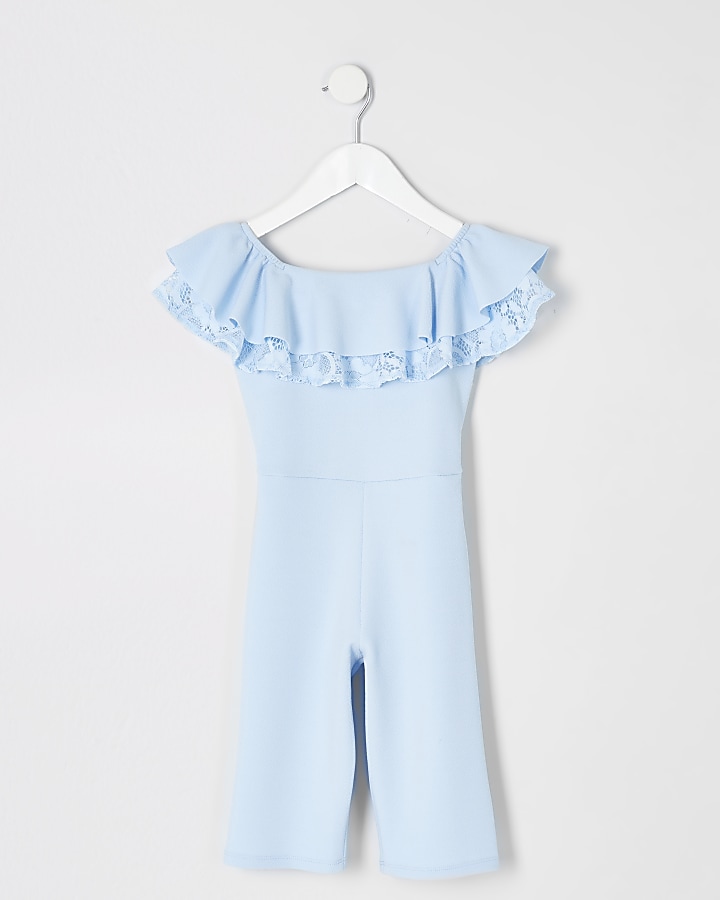 Mini girls blue bardot ruffle jumpsuit