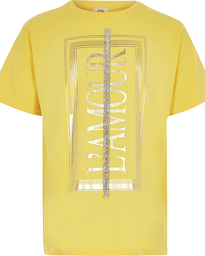Girls yellow 'L'amour' diamante trim t-shirt