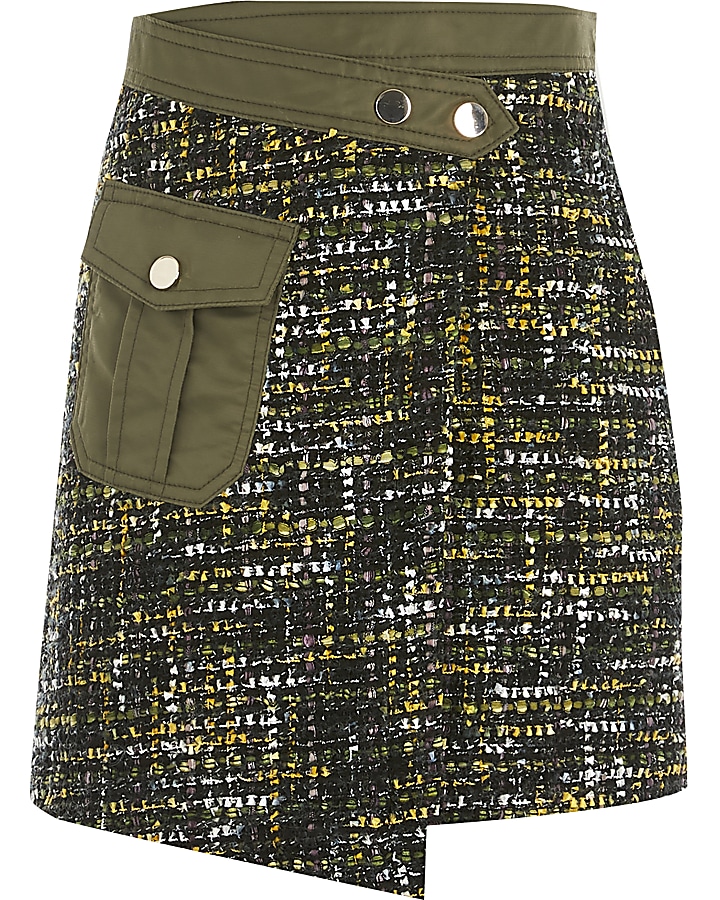 Girls khaki utility wrap boucle skirt