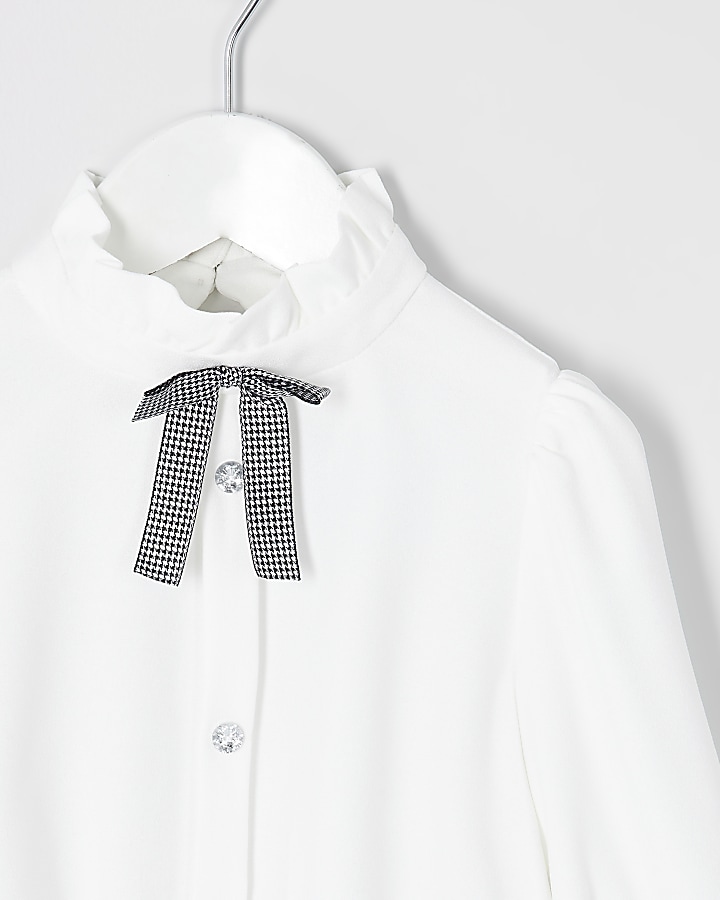 Mini girls white bow collar shirt