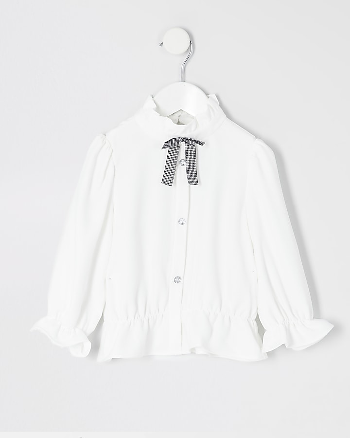 Mini girls white bow collar shirt
