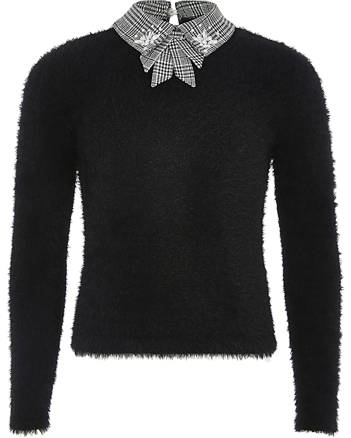 Girls black check bow collar knitted jumper