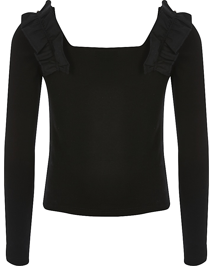Girls black ruffle square neck cropped top