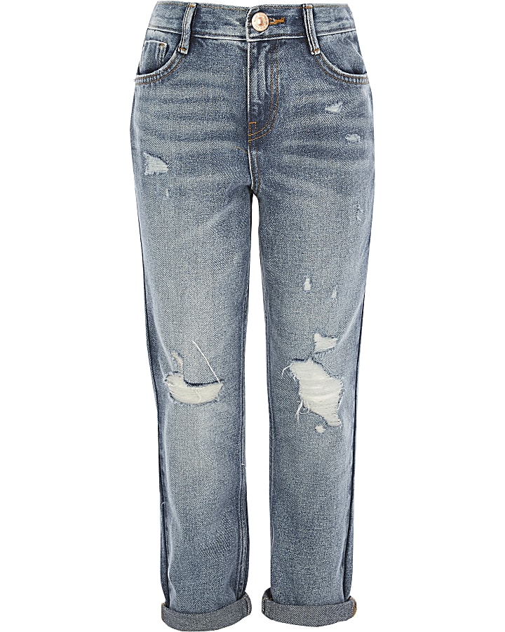 Girls blue Mom ripped mid rise jeans