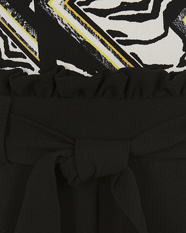 Girls black zebra print belted jumpsuit