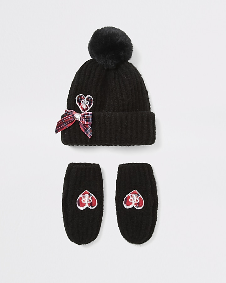Mini girls black heart hat and mitten set