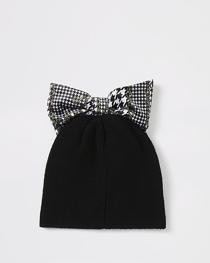 Mini girls black dogtooth check bow hat