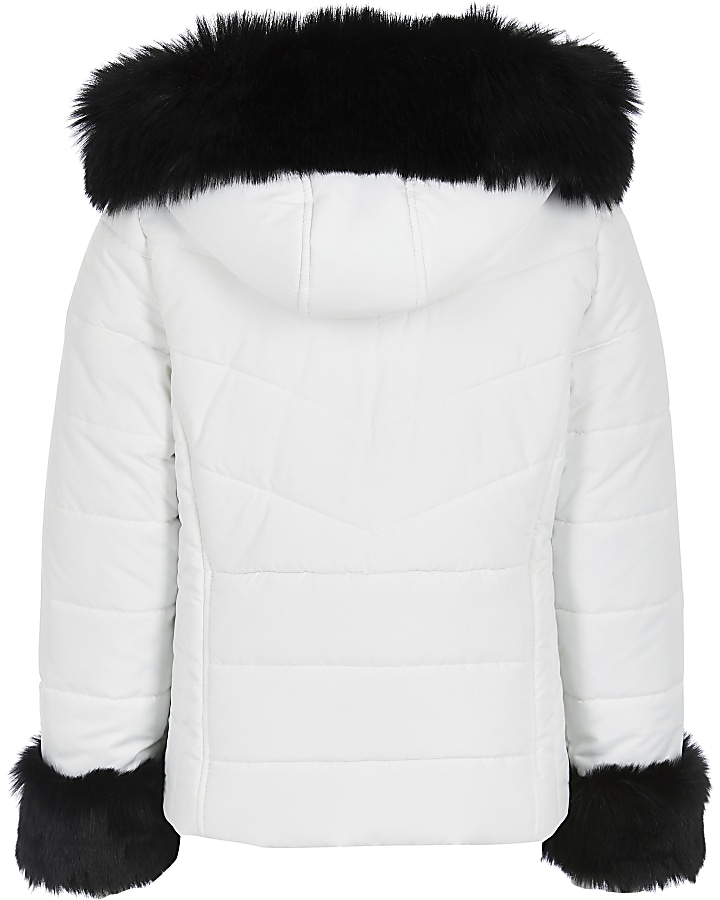 Girls white padded faux fur hood jacket