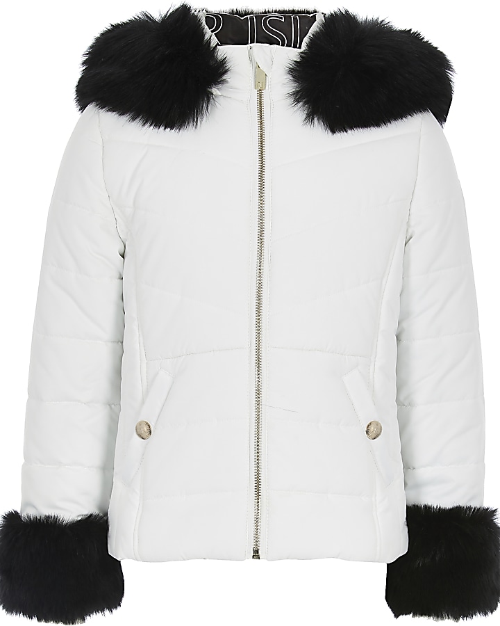 Girls white padded faux fur hood jacket