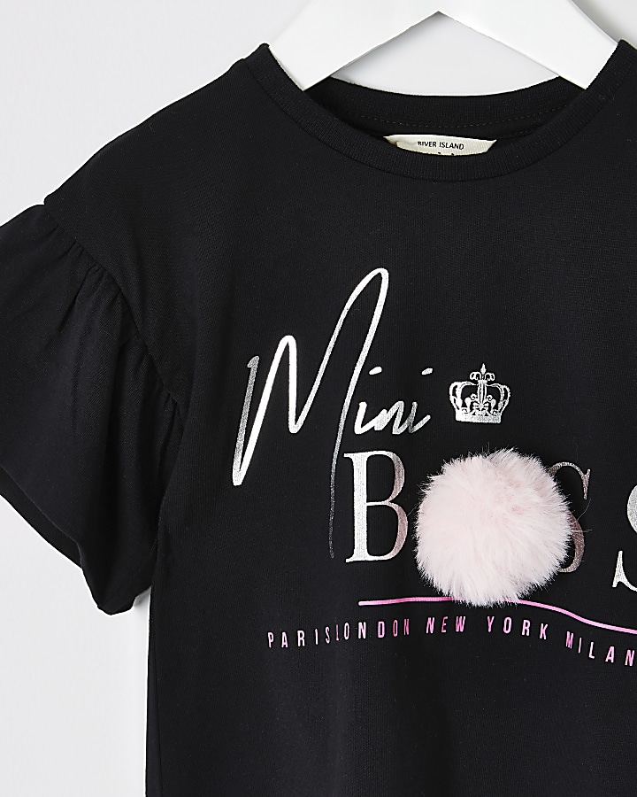 Mini girls black 'Mini boss' pom pom T-shirt