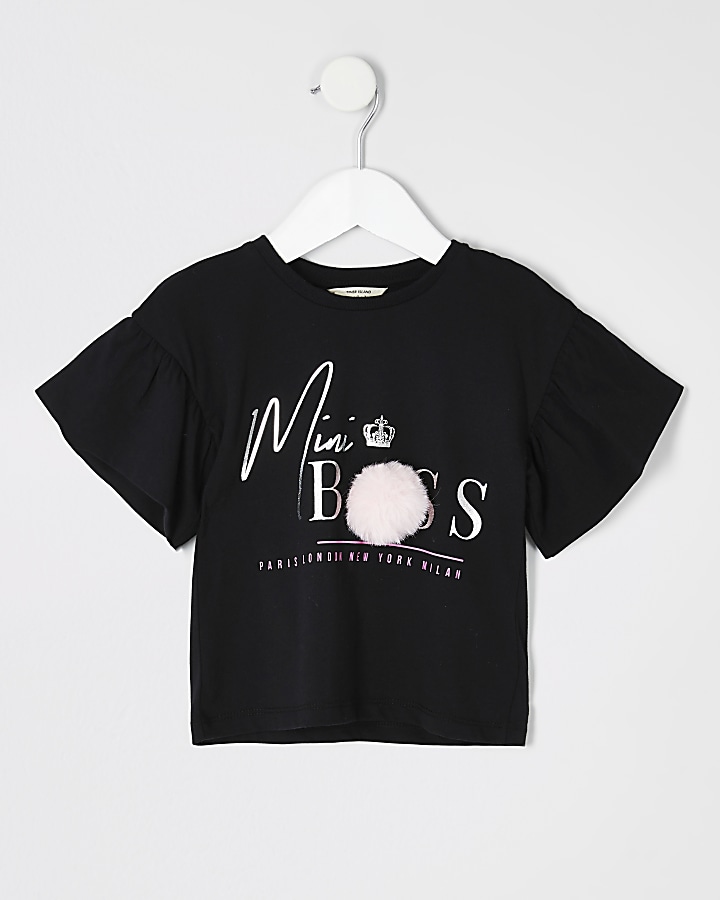 Mini girls black 'Mini boss' pom pom T-shirt