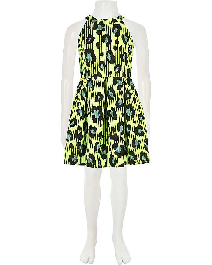 Girls green leopard print prom dress
