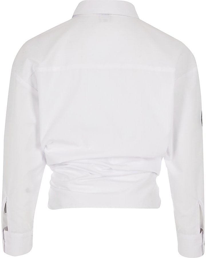 Girls white embellished knot front shirt