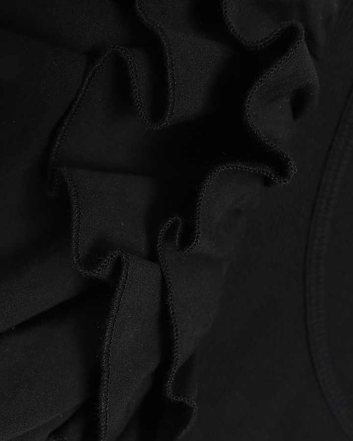 Black Poplin Frill Ribbed Bodysuit
