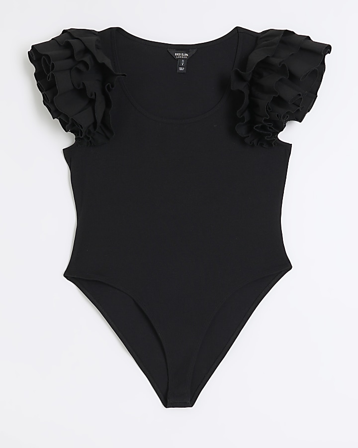 Black Poplin Frill Ribbed Bodysuit