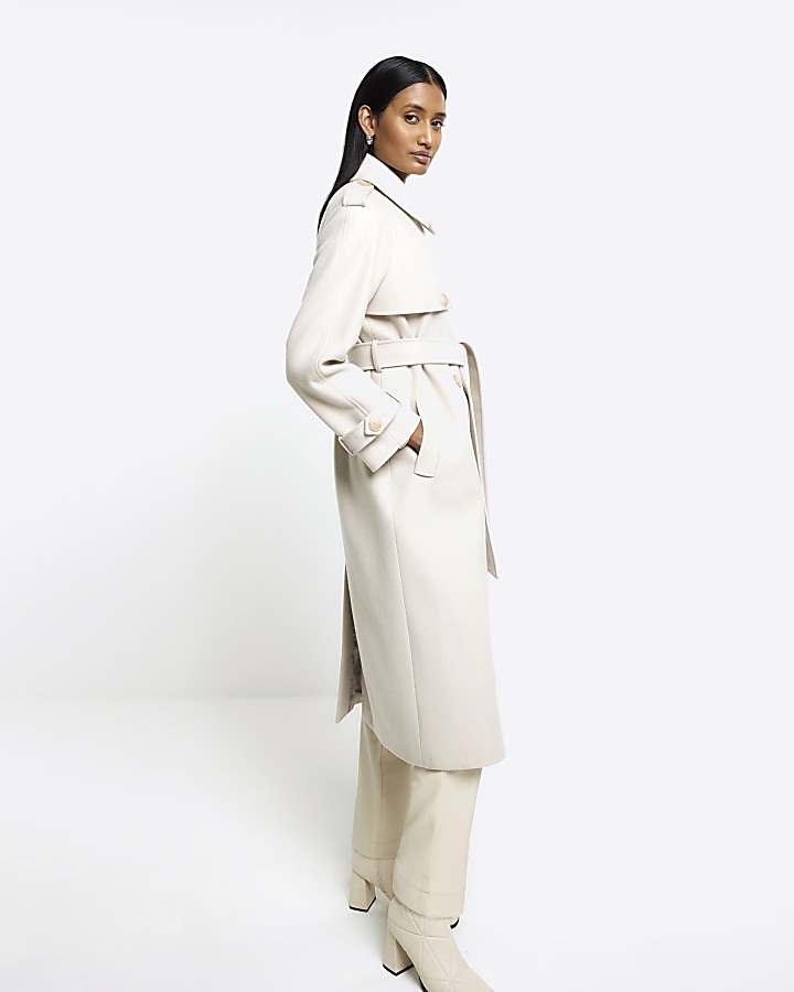 Cream belted longline trench coat
