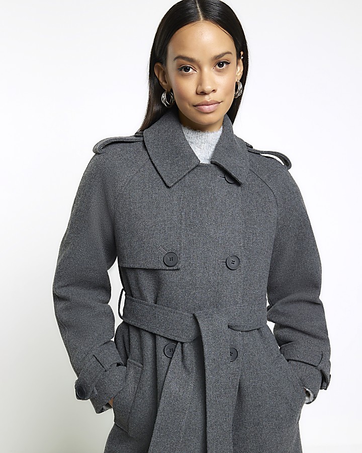 Grey belted longline trench coat