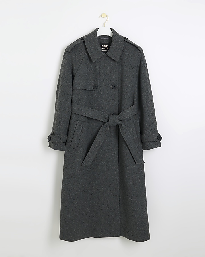 Grey belted longline trench coat