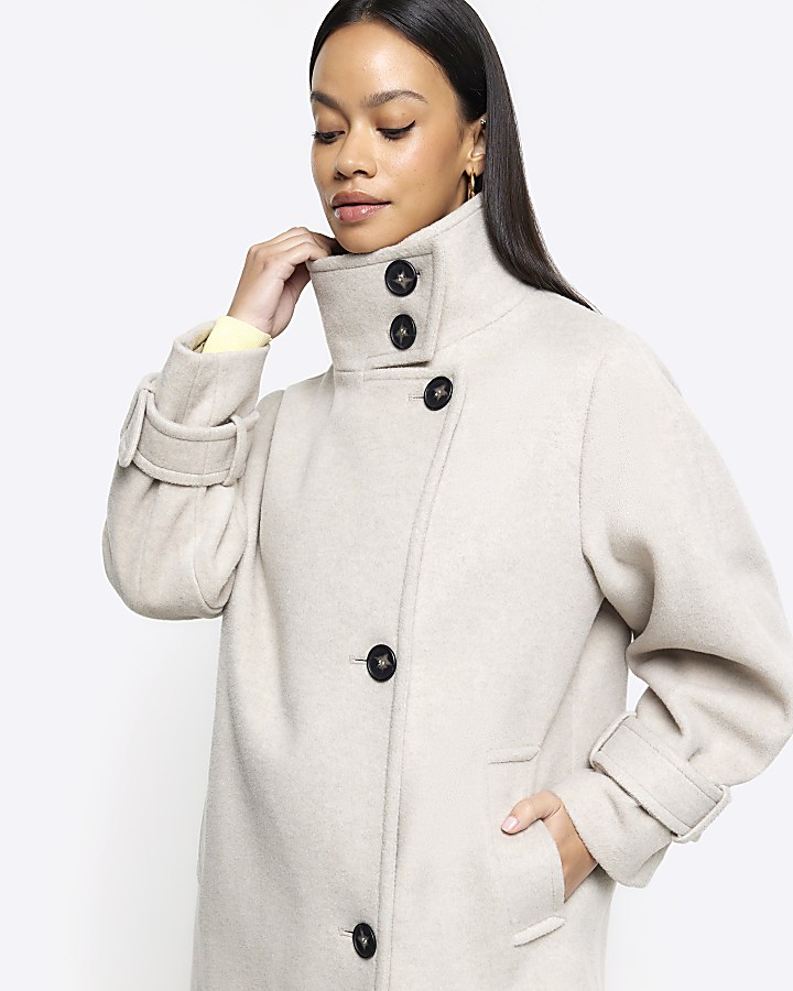 Beige funnel neck longline coat River Island