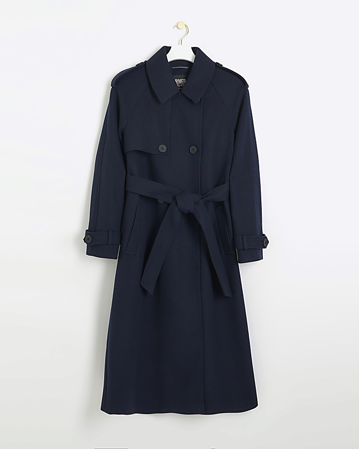 Navy belted longline trench coat
