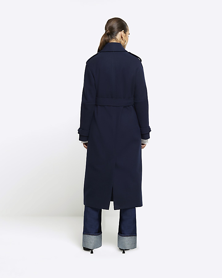 Navy belted longline trench coat | River Island