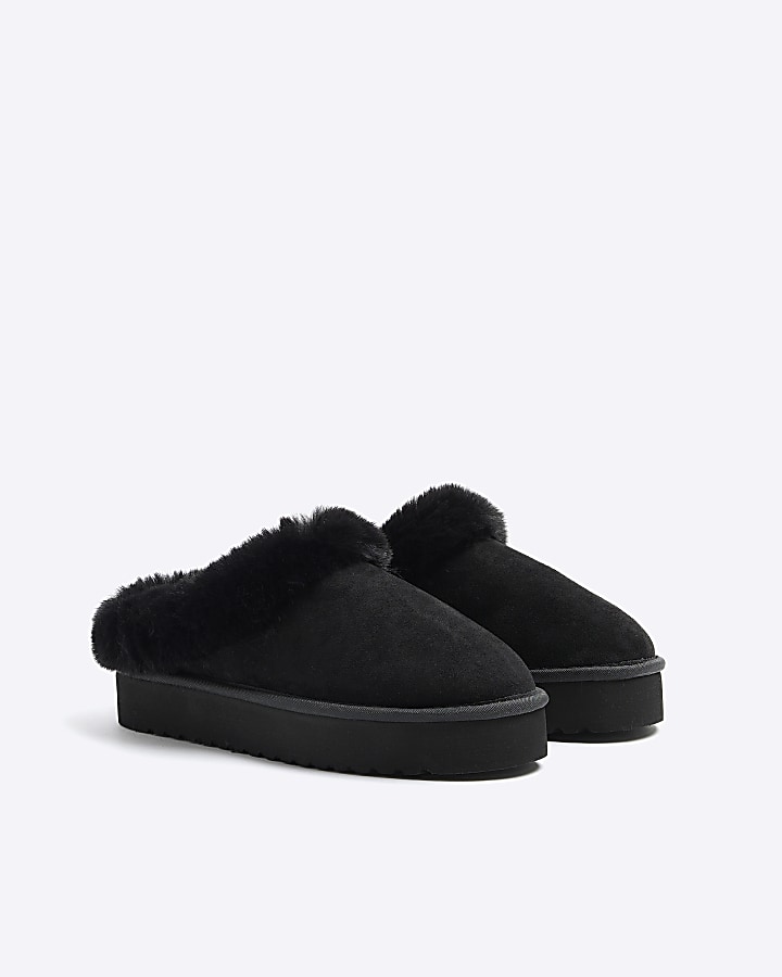 Black faux fur platform slippers