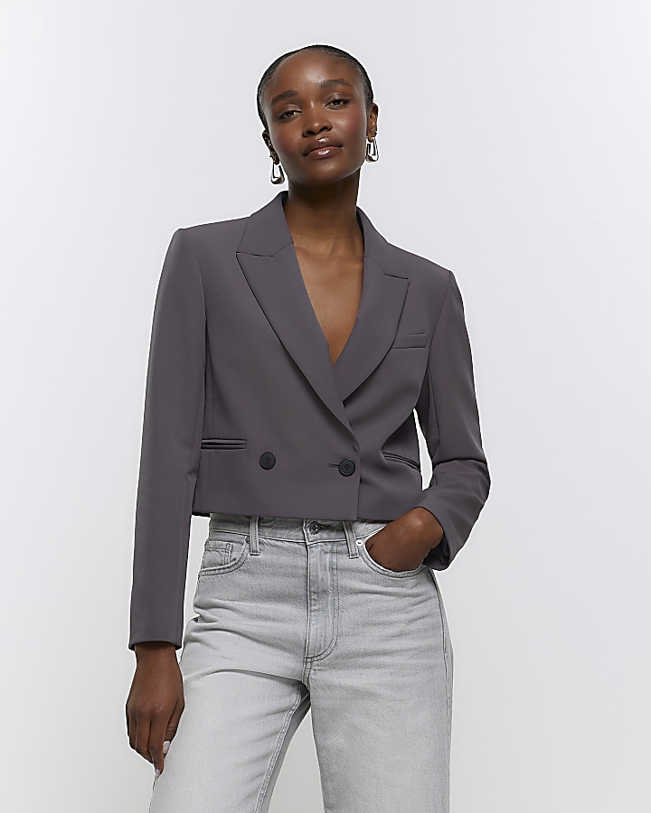 Grey structured crop blazer River Island