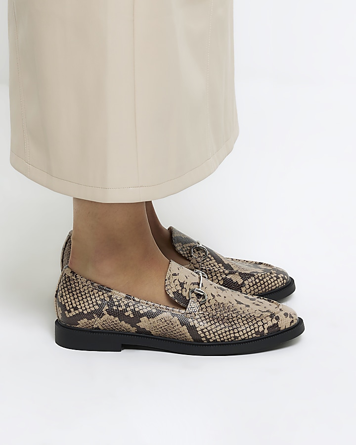 Black snake print chain loafers | River Island
