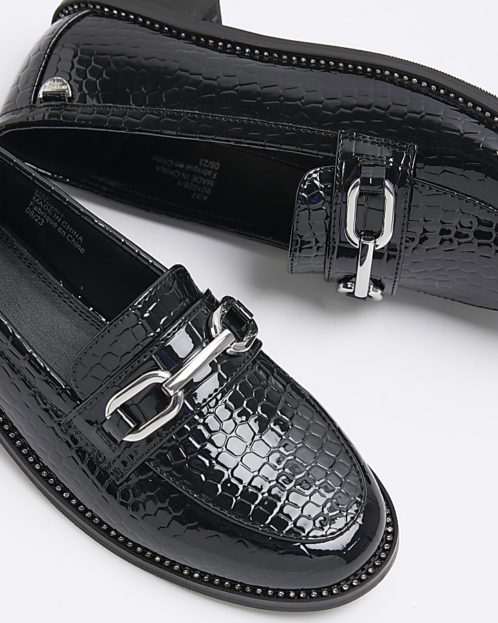 Black croc embossed diamante trim loafers