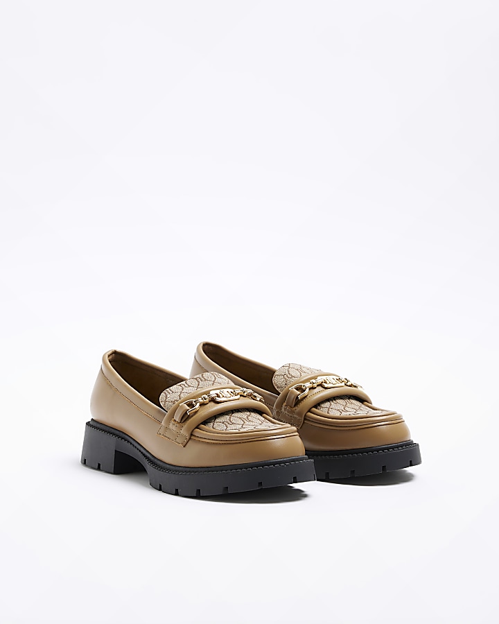 Brown RI monogram chain chunky loafers River Island