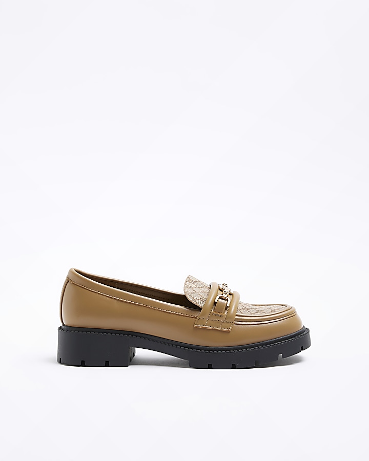 Brown RI monogram chain chunky loafers