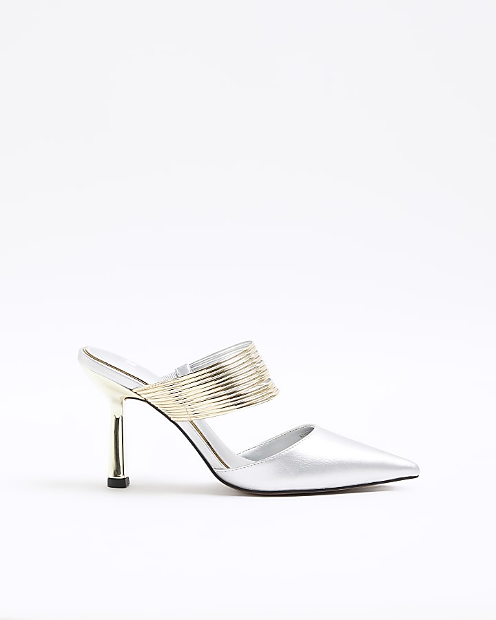 Silver cuff heeled court shoes | River Island