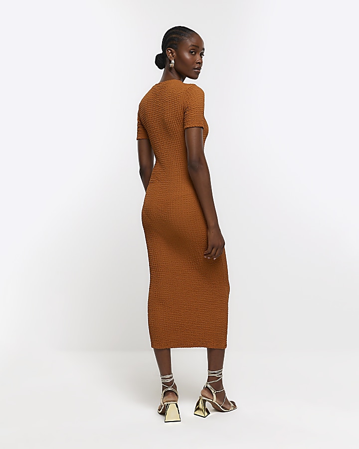 Brown textured short sleeve dress