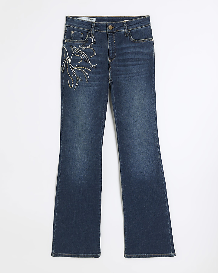 Blue high waisted embellished flare jeans